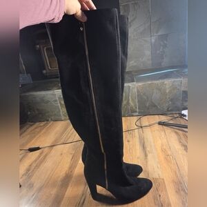 Stuart Weitzman Black Over-the-Knee Boots with Gold Zipper